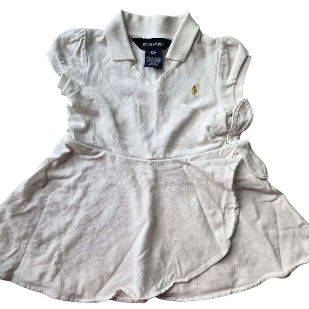 Ralph Lauren Baby Girls White Cotton Pique Wrap Polo Dress Gold Pony Logo 12M